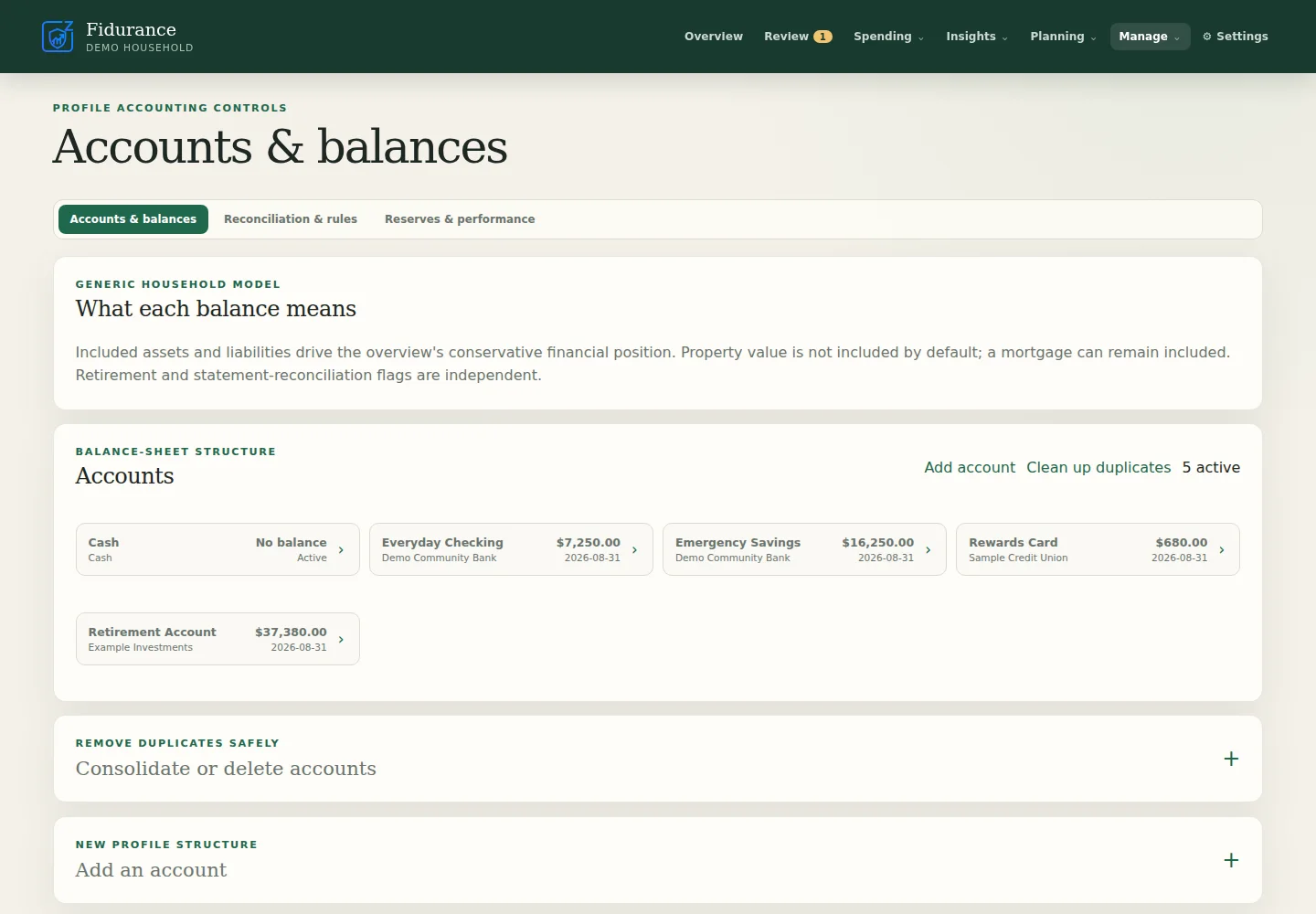 Fidurance accounts and balances screen with synthetic checking, savings, credit, and retirement accounts