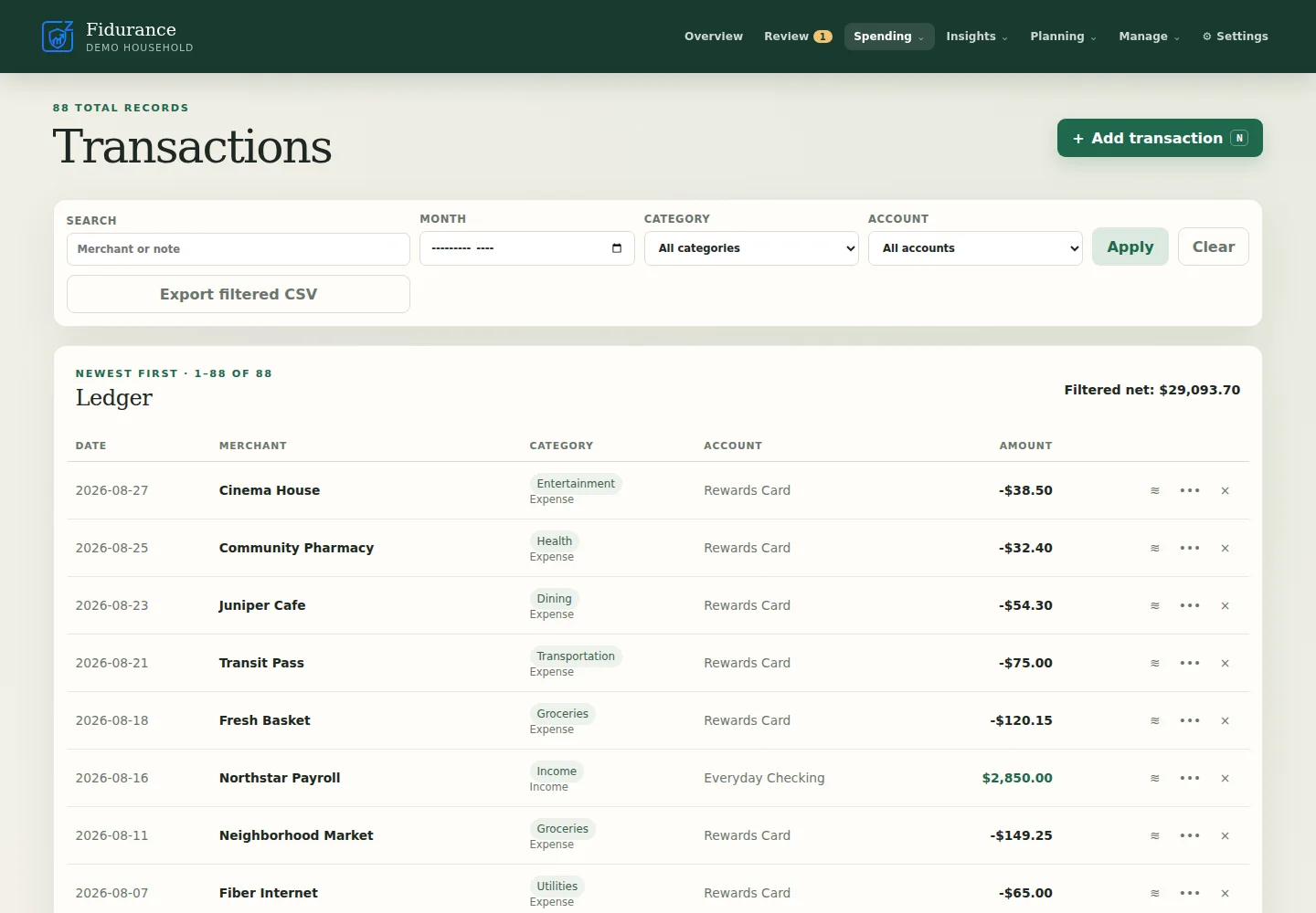 Fidurance transaction ledger with search and account and category filters